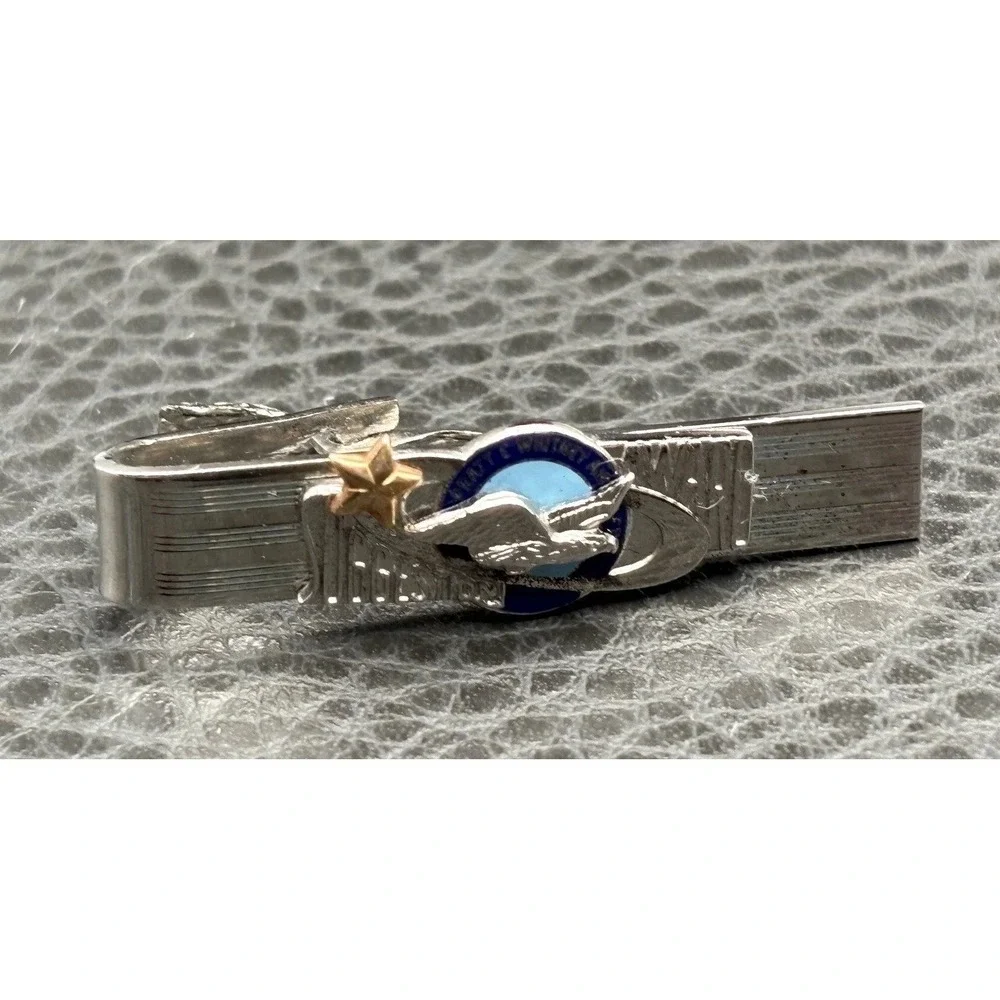 Robbins Attleboro Sterling Silver Pratt Whitney Tie Clip Star Bird Blue Enamel